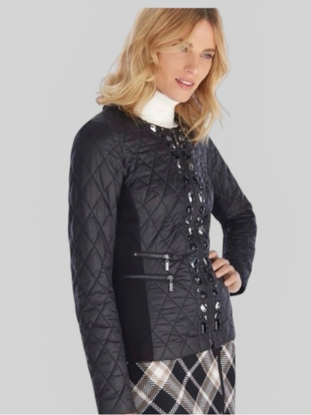 White House Black Market Black Quilted Embellished  Women's Jacket - Picture 3 of 7
